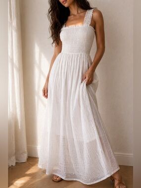 Barok White Smocked Maxi Dress Small Euro Summer Coastal Bridal